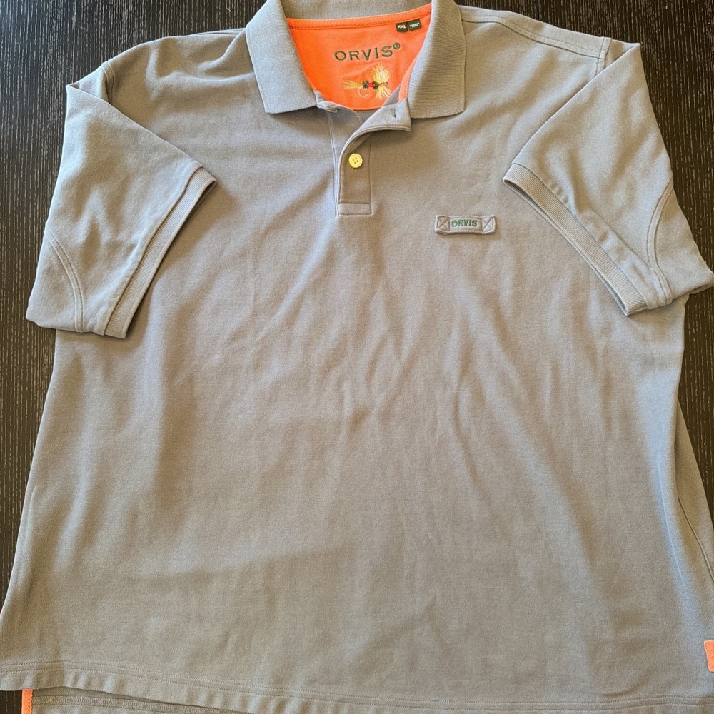 Orvis Polo Shirt Mens XXL Grey Fly Fishing Logo Orange Collar Short Sleeve